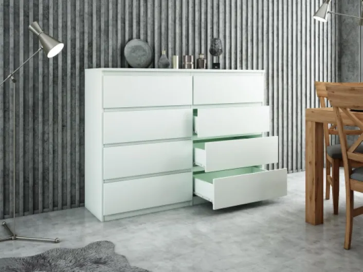 Commode 8 Tiroirs 100 cm - Blanc - Design Minimaliste - 100x39x101,5 cm - Meuble de Rangement Spacieux pour Chambre, Salon ou Bureau