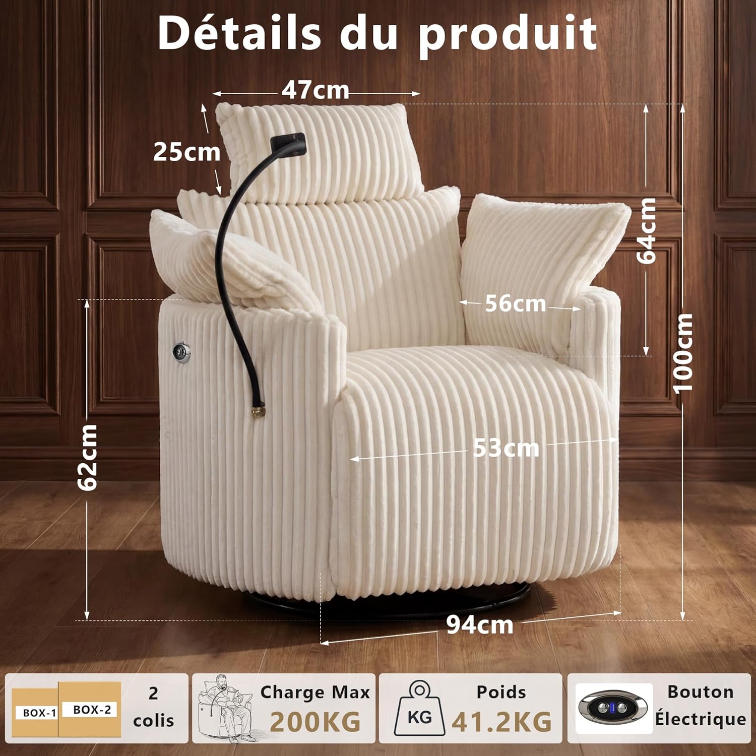 Fauteuil Relax Électrique Inclinable Zéro Gravité, à Bascule & Pivotant 300°, Port USB & Support Téléphone, Dossier Réglable 90°-155°, Velours Côtelé, pour Salon/Chambre/Home Cinéma, Blanc Blanc - Élec.