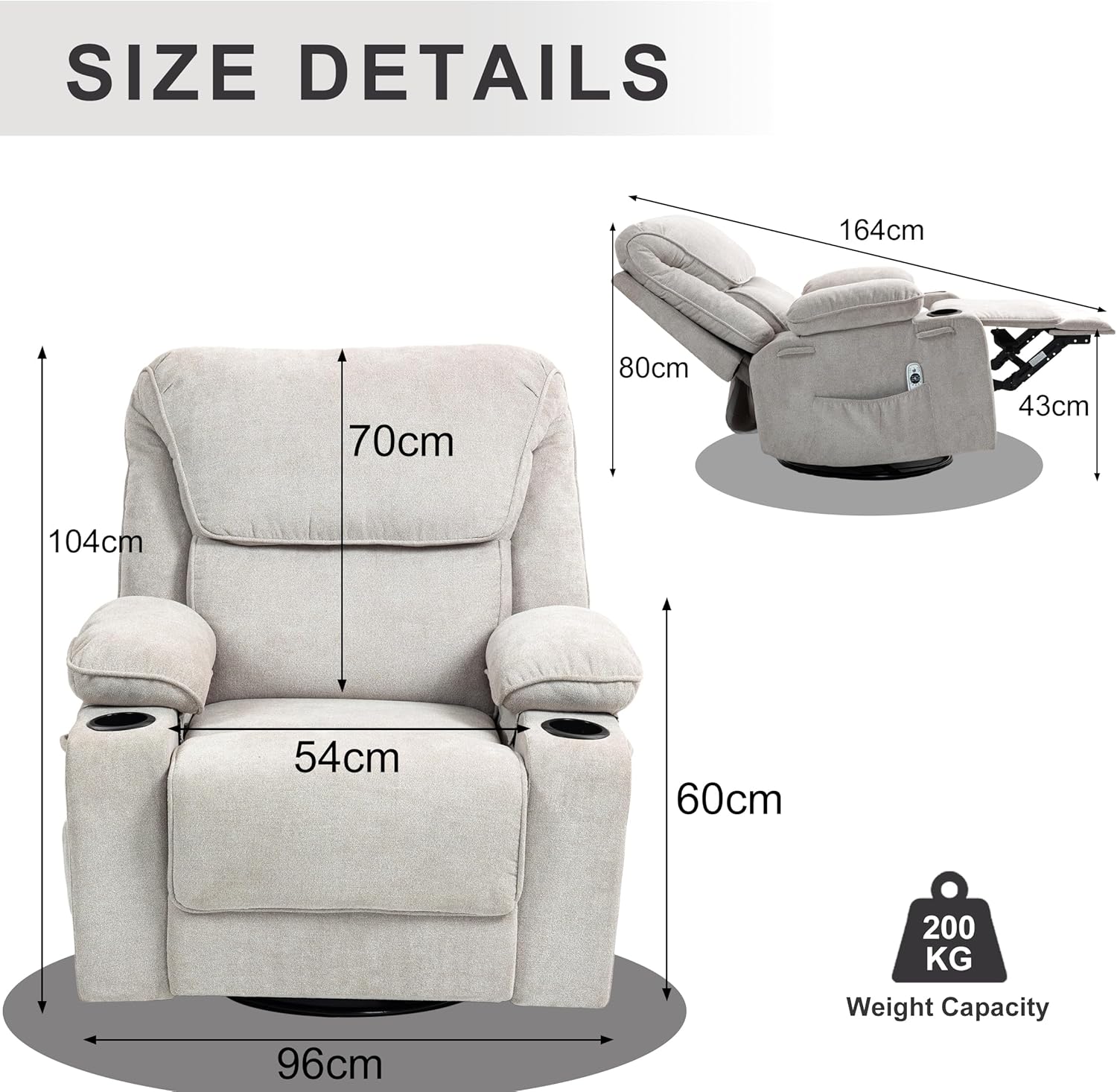 Fauteuil de Relaxation Chaise massant avec Dossier Inclinable Manuellement 150° Incluse Massage en 8 Points et Fonction Chauffante,Pivotement à 360 Beige