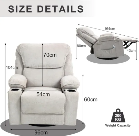 Fauteuil de Relaxation Chaise massant avec Dossier Inclinable Manuellement 150° Incluse Massage en 8 Points et Fonction Chauffante,Pivotement à 360 Beige