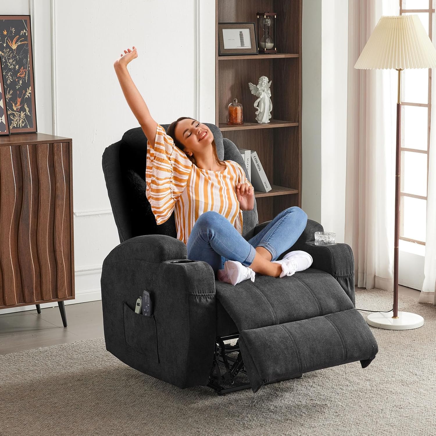 Fauteuil Électrique Relax, Fauteuil de Relaxation avec Fonction Massage et Chaleur, Inclinaison Réglable et Repose-Pieds (Noir)