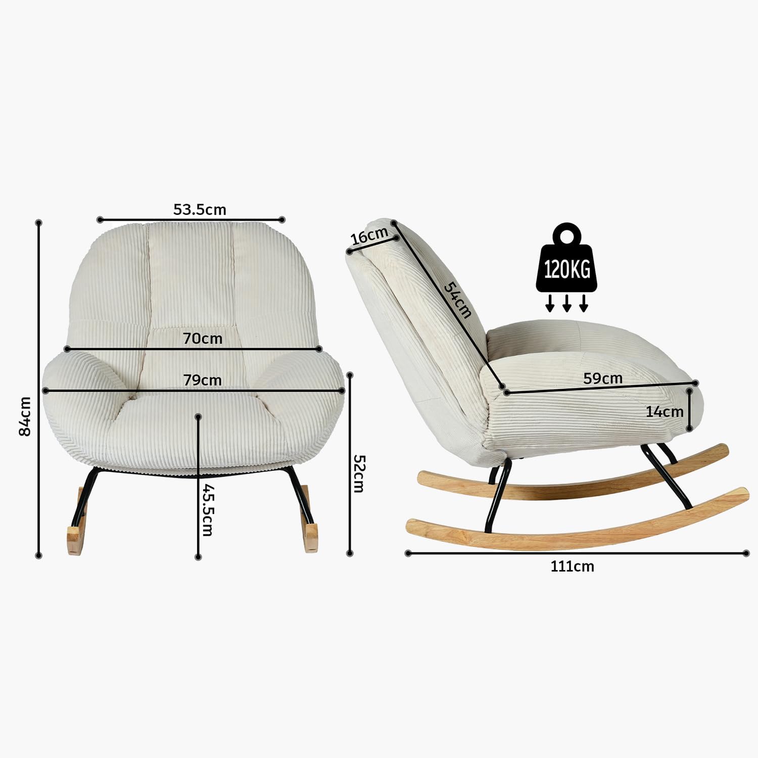 Fauteuil à Bascule Scandinave, Rocking Chair en Velours Côtelé, Chaise à Bascule Allaitement, Pieds en Bois d’Hévéa, pour Salon Chambre, Beige