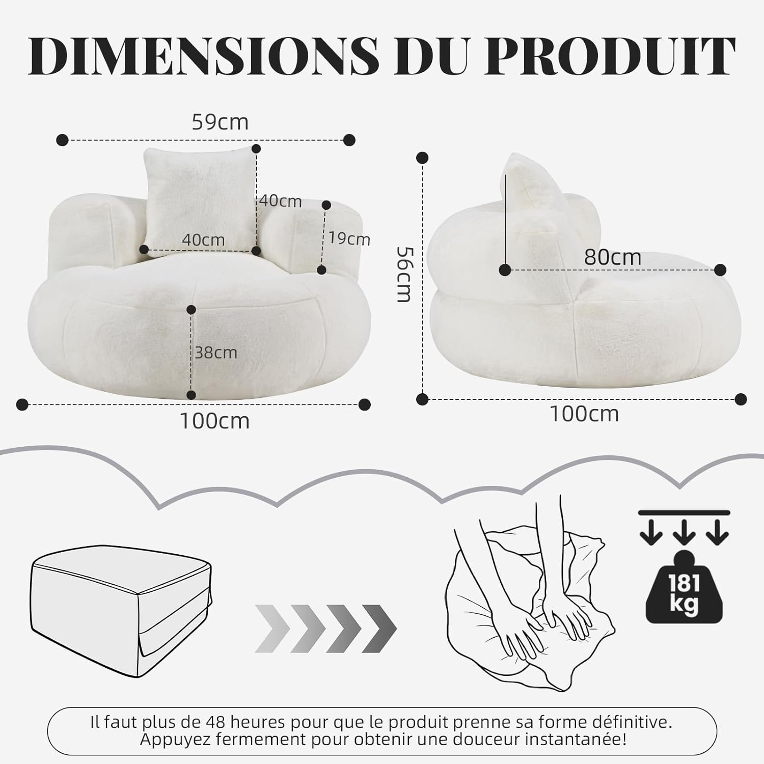 Pouf Adulte Garni, Pouf Moelleux et Respirant pour Coin Lecture et Espace détente (Blanc)