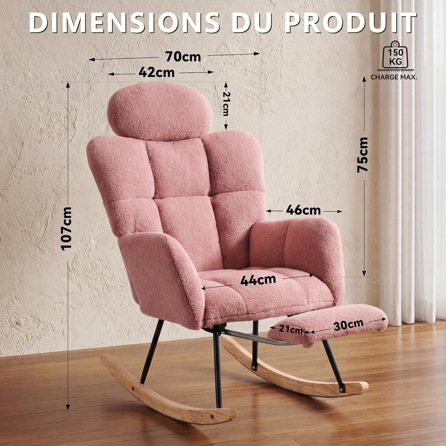 Fauteuil à Bascule - Rocking Chair avec Appui-tête et Repose-Pieds, Fauteuil Relax en Tissu Bouclette, Chaise d'allaitement, pour Salon, Chambre, Pieds en Bois Massif, Rose Rose - 056
