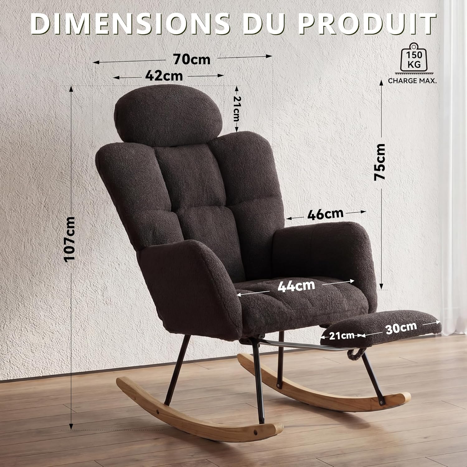 Fauteuil à Bascule - Rocking Chair avec Appui-tête et Repose-Pieds, Fauteuil Relax en Tissu Bouclette, Chaise d'allaitement, pour Salon, Chambre, Pieds en Bois Massif, Gris foncé Gris Foncé - 056