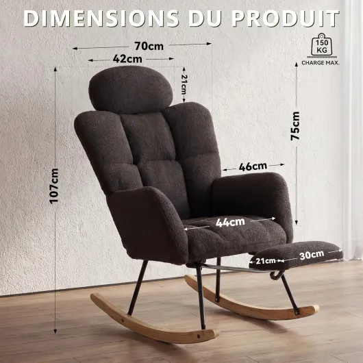 Fauteuil à Bascule - Rocking Chair avec Appui-tête et Repose-Pieds, Fauteuil Relax en Tissu Bouclette, Chaise d'allaitement, pour Salon, Chambre, Pieds en Bois Massif, Gris foncé Gris Foncé - 056