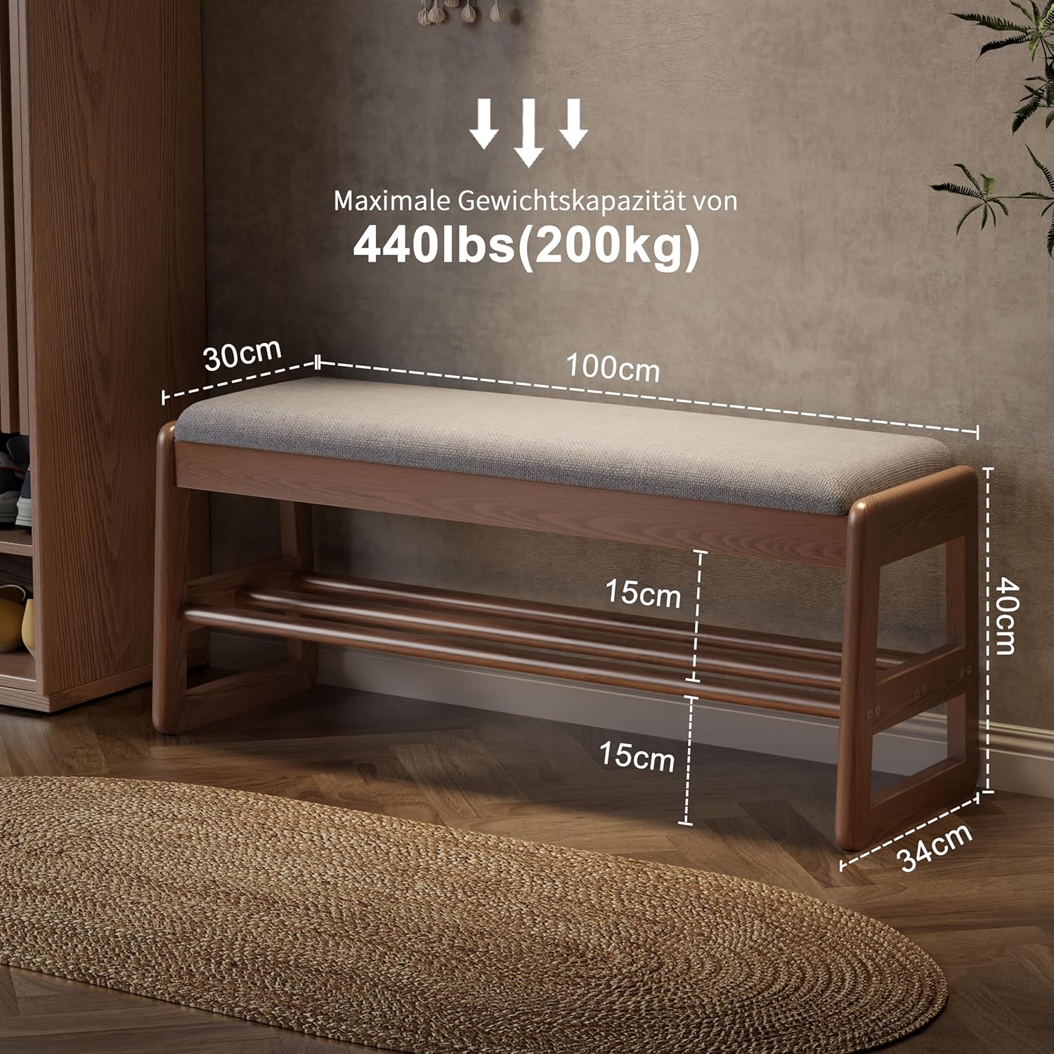 AQIMUELE Banc à Chaussures Rembourré, Banc de Rangement en Bois Massif, Rangement Caché, Étagère à Chaussures à 2 Niveaux, Meuble d'Entrée, Coussin d’Assise en Coton et Lin, 30 x 100 x 40 cm, Noyer 100L cm Noyer (Coussin de Siège)