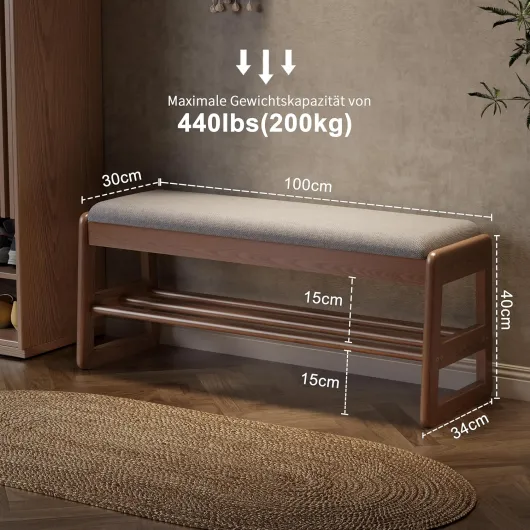 AQIMUELE Banc à Chaussures Rembourré, Banc de Rangement en Bois Massif, Rangement Caché, Étagère à Chaussures à 2 Niveaux, Meuble d'Entrée, Coussin d’Assise en Coton et Lin, 30 x 100 x 40 cm, Noyer 100L cm Noyer (Coussin de Siège)