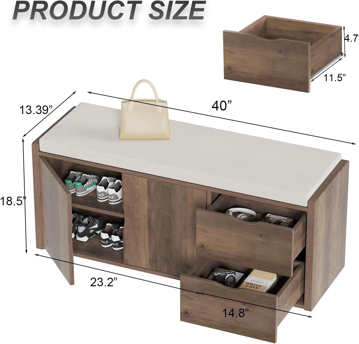 Banc de Rangement Multifonction Banc à Chaussures rembourré avec tiroir pour entrée Salon ou Chambre Couleur Rustique Claire 101 x 45 x 34 cm Brun 101 x 45 x 34 cm