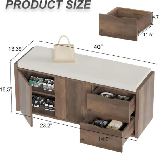 Banc de Rangement Multifonction Banc à Chaussures rembourré avec tiroir pour entrée Salon ou Chambre Couleur Rustique Claire 101 x 45 x 34 cm Brun 101 x 45 x 34 cm