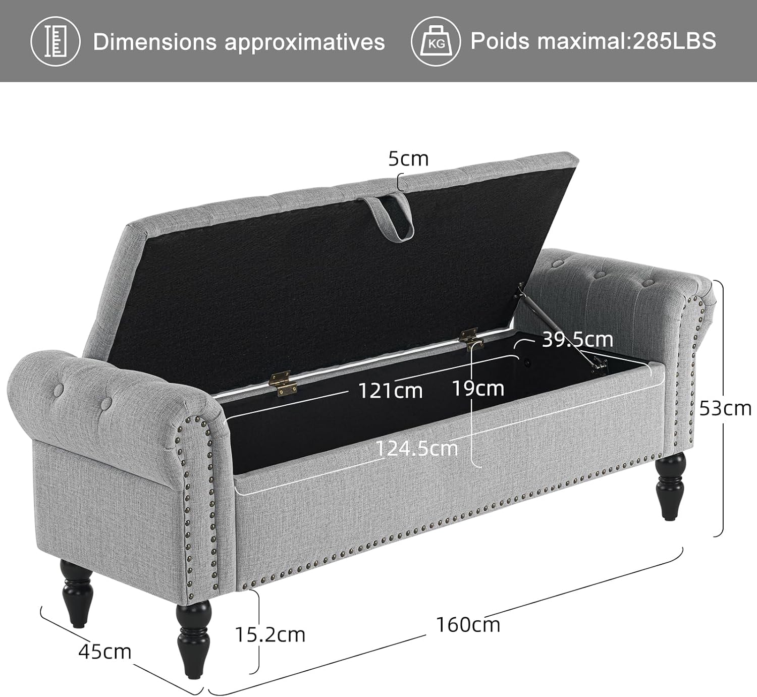 Banc Bout de lit Banquette, Coffre de Rangement Ottomane Repose-Pieds Rembourré Pouf Pliable Banc de Chaussures 160 x 45 x 53 cm, Repose-Pieds pour Entrée Salon Chambre à Coucher, Lin, Gris Gris-4