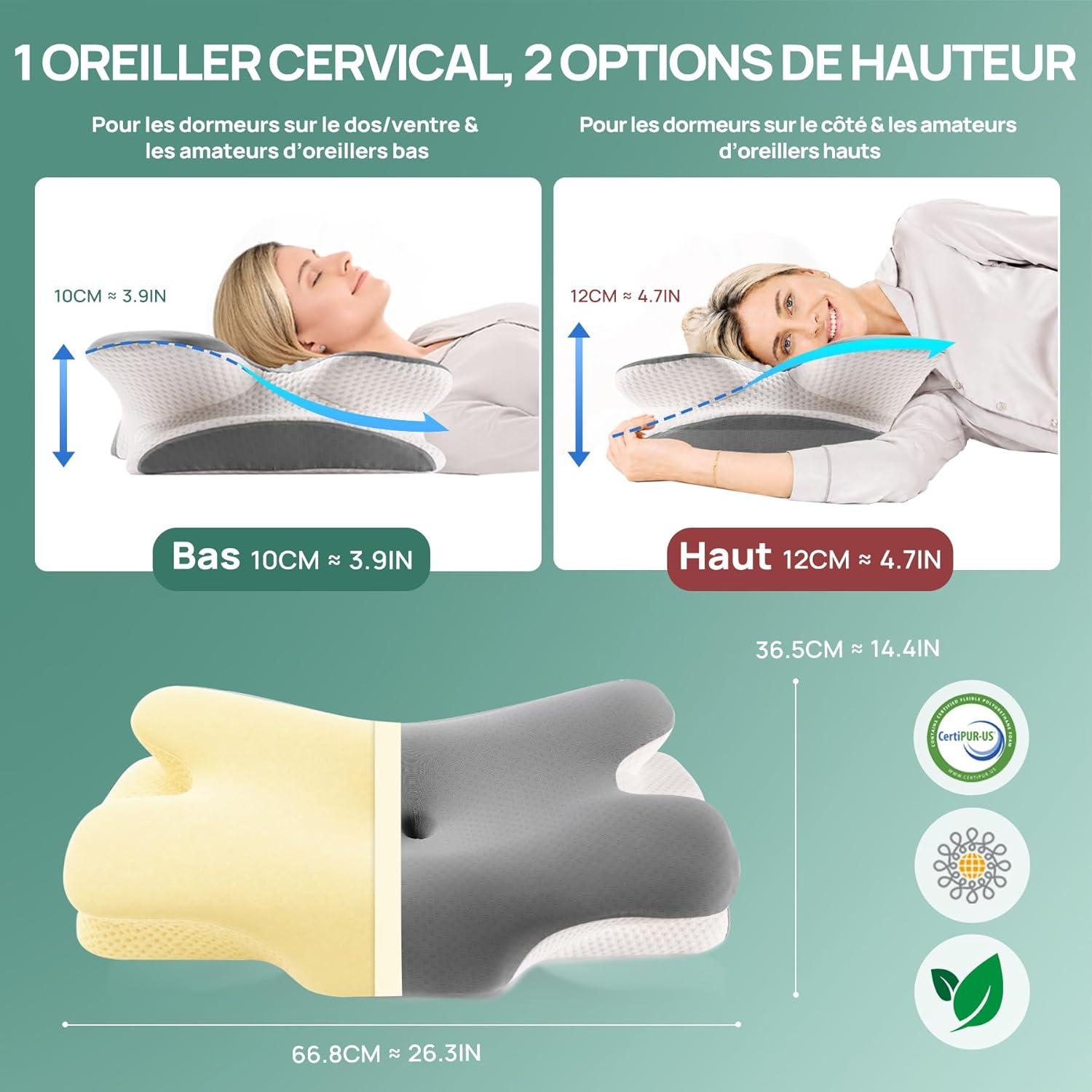 MULISOFT Oreillers Ergonomiques Cervical pour la Nuque, Oreiller Papillon à Mémoire de Forme, Coussin Cervical Adapté pour Dormir sur Le Côté, sur Le Dos et sur Le Ventre, 67×36×10/12 cm, P-105 Gris P-105 Oreiller Gris P-105 Oreiller Gris M