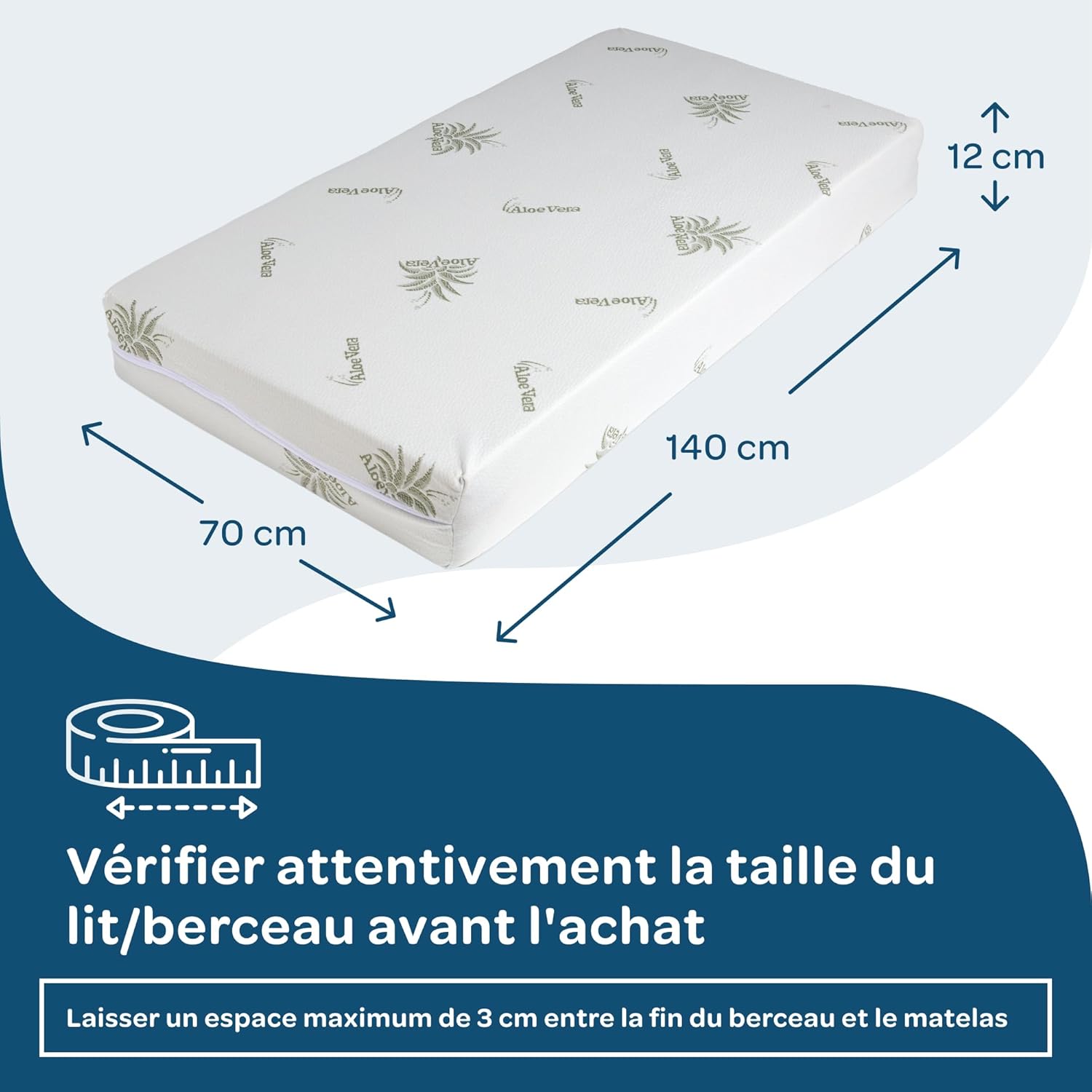 Matelas 70x140 Enfant, Matelas Bebe 70x140 cm, Épaisseur 14 cm, Matelas Lit Parapluie, Housse en Aloe Vera Déhoussable et Lavable, Oeko-TEX® et CertiPUR™, Matelas Lit Bebe 70x140x12 cm Matelas