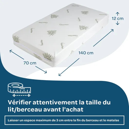Matelas 70x140 Enfant, Matelas Bebe 70x140 cm, Épaisseur 14 cm, Matelas Lit Parapluie, Housse en Aloe Vera Déhoussable et Lavable, Oeko-TEX® et CertiPUR™, Matelas Lit Bebe 70x140x12 cm Matelas