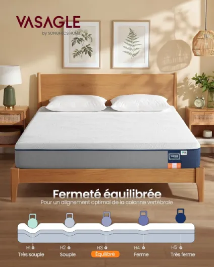 Matelas 140 x 190 cm, Matelas 2 Personnes, Mousse à Mémoire de Forme Gel, Soutien Mi-Ferme sur 7 Zones, Housse Respirante, Amovible et Lavable en Machine, 25 cm d’Épaisseur, Bleu RMZ133QZ01 140l x 190L x 25H cm