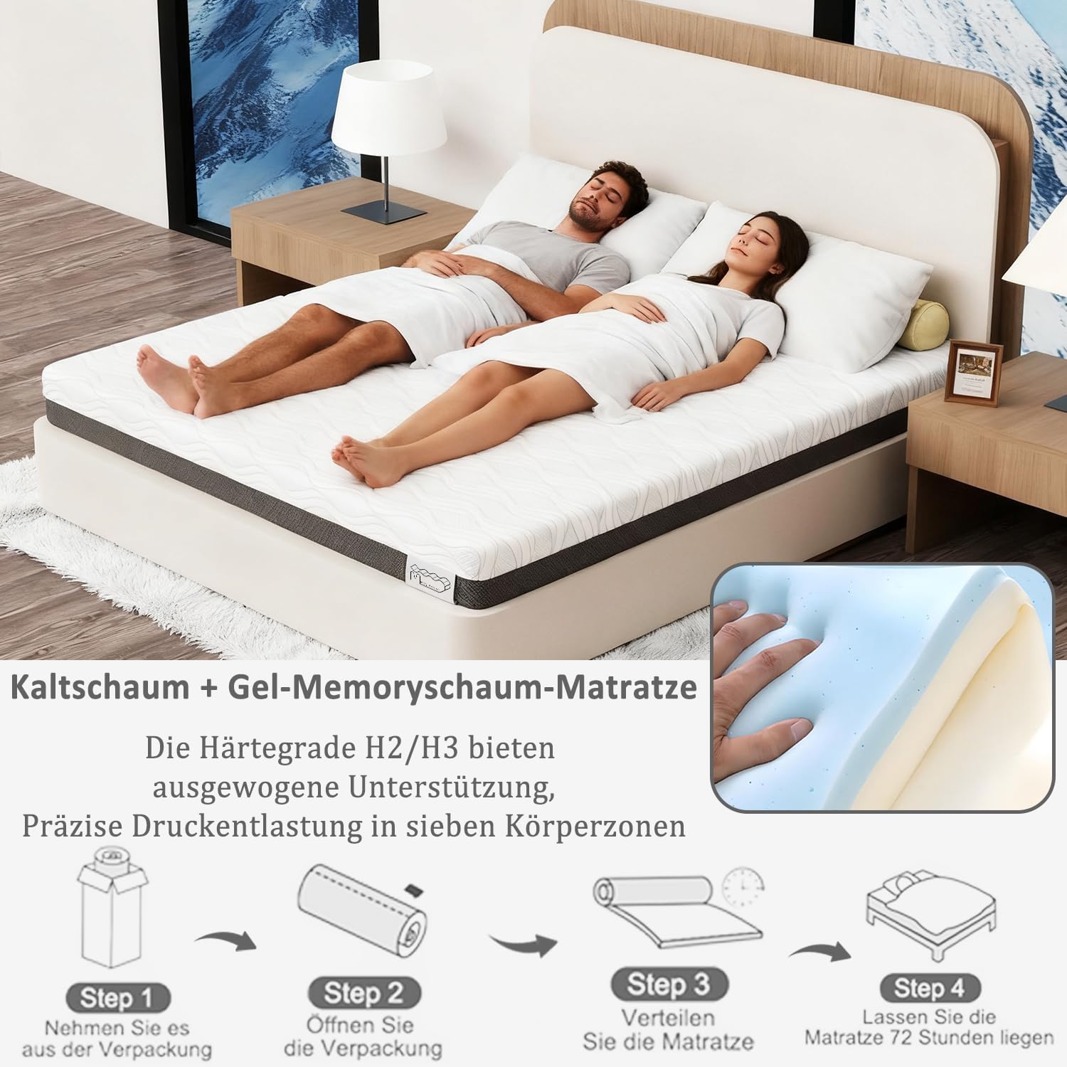Matelas 180 x 200 cm H3 à mémoire de forme 26 cm Hauteur 7 zones Matelas en mousse froide Dureté H2/H3 Matelas de qualité supérieure pour grand lit double et chambre familiale (180 x 26cm 180 x 200 cm