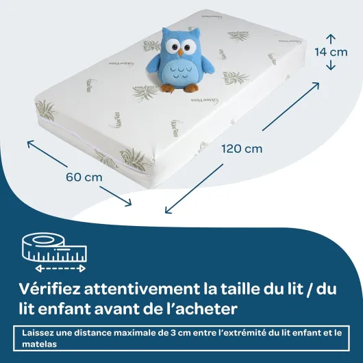 Matelas Bebe 60x120 cm, Épaisseur 14 cm, Matelas Lit Parapluie, Housse en Aloe Vera Déhoussable et Lavable, Oeko-TEX® et CertiPUR™, Matelas Lit Bebe 60x120x14 cm Matelas