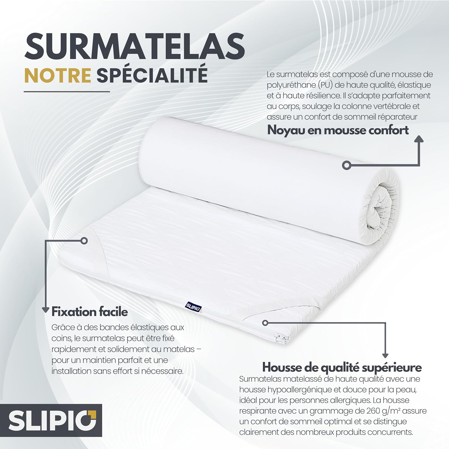 Surmatelas 140x190 cm - 5 cm - Ergo+ Mousse Orthopédique - Topper de Matelas - Housse Amovible Lavable Anti-acariens & Antiallergique Blanc Mousse 140 x 190 cm