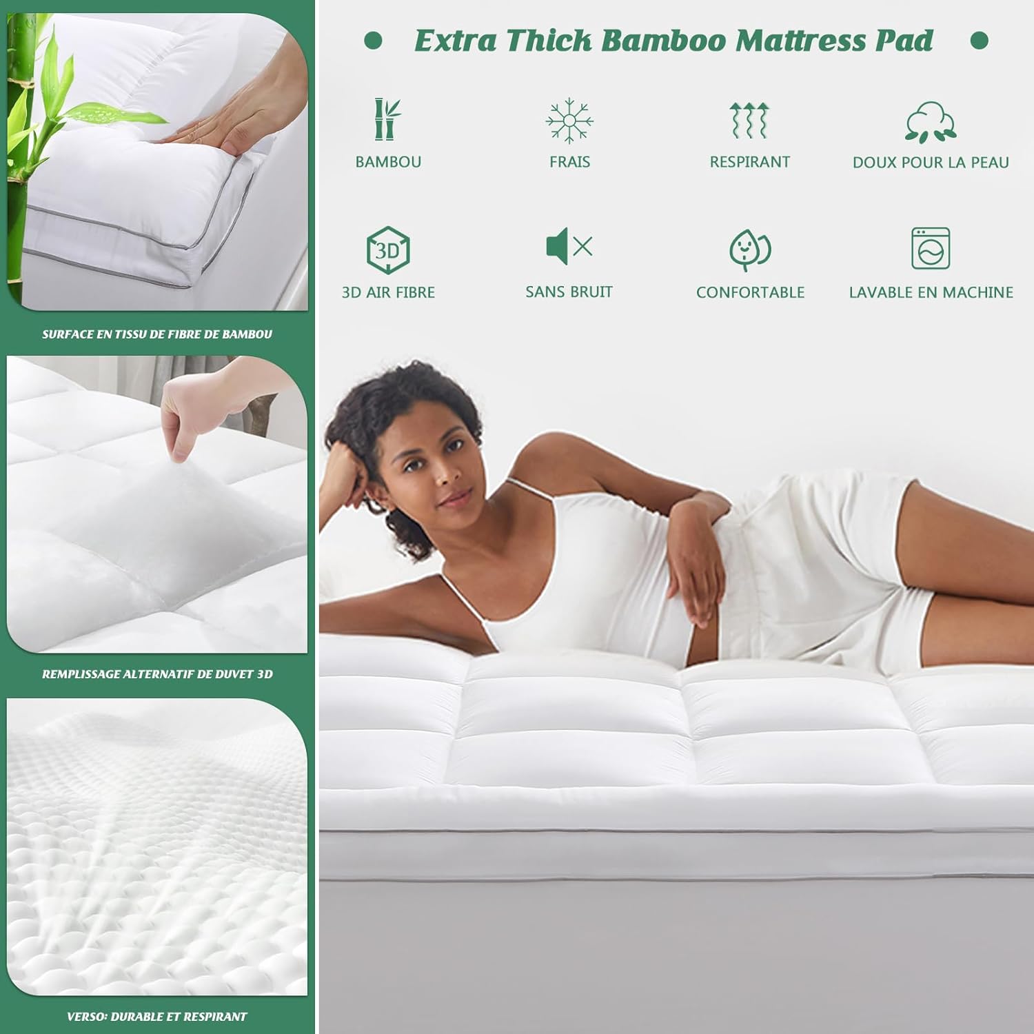 GRT Surmatelas 140x190 cm - Épaisseur Généreuse de 6 cm pour Un Sommeil Confortable, en Fibres de Bambou et Garnissage 3D - Ultra-Doux et Respirant 140 × 190 cm