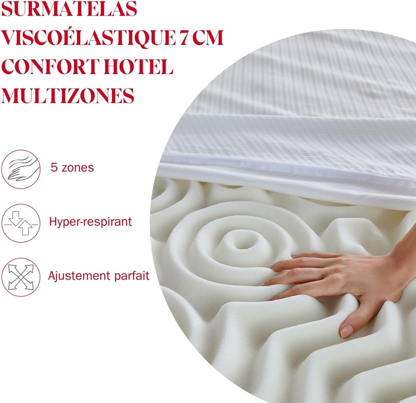 Surmatelas d'Hôtel 90 x 190 cm Épaisseur 7 cm en Mousse à Mémoire de Forme Multizones Adaptative - Déhoussable, Respirant et Anti-acariens 7 cm 90 x 190 cm