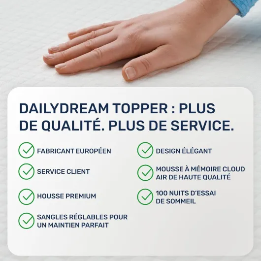 Surmatelas Dailydream 180 x 200 cm - Mousse à mémoire de Forme - 5 cm d'épaisseur - Édition Pure, modèle M - Ergonomique pour Matelas inconfortables, sommiers tapissiers et Lits d'appoint 180x200cm Modèle M - 5 cm de hauteur - 80 à 100 kg