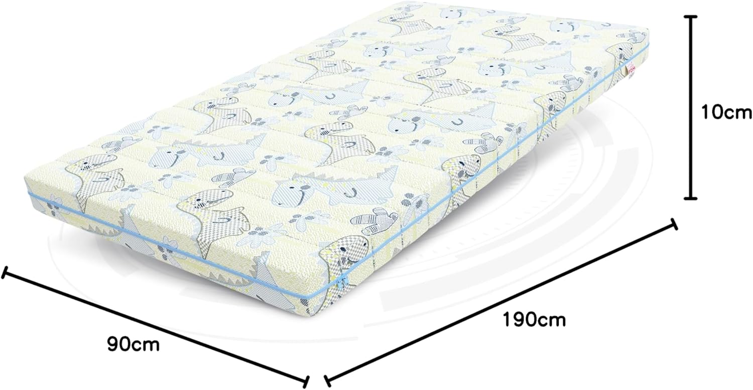 FDM Somnia Matelas Enfant 90x190 cm, Mousse Froide, Hauteur 10 cm, fermeté H3, certifié Öko‑Tex, adapté aux Personnes allergiques, Housse Lavable avec Motif Dinosaures Dino 90 x 190 cm