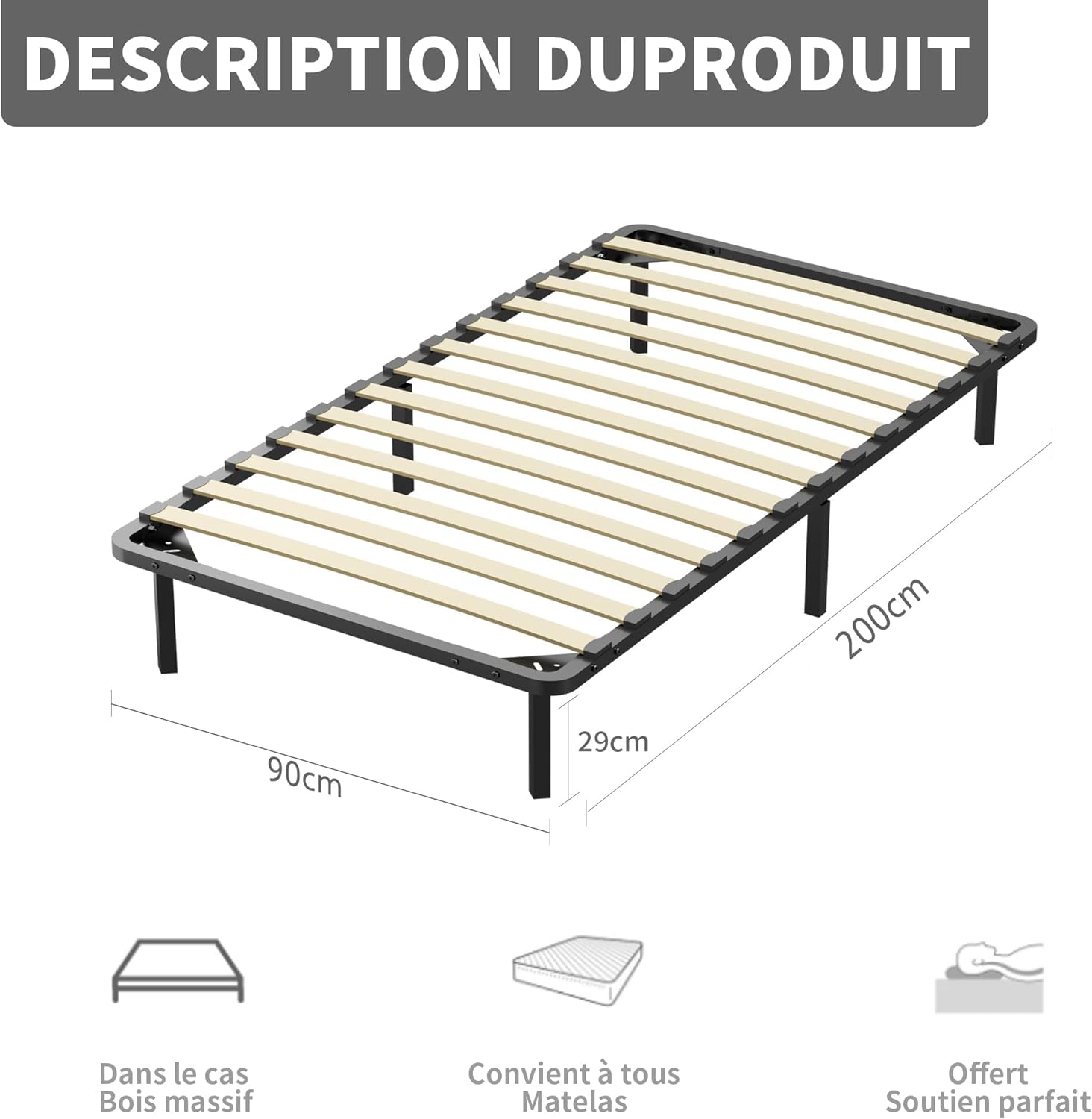 Sommier 90x200cm avec 6 Pieds - 1x13 Lattes - Lit avec Sommier à Lattes pour Adulte - Résistant et Confortable 6 Pieds 90x200