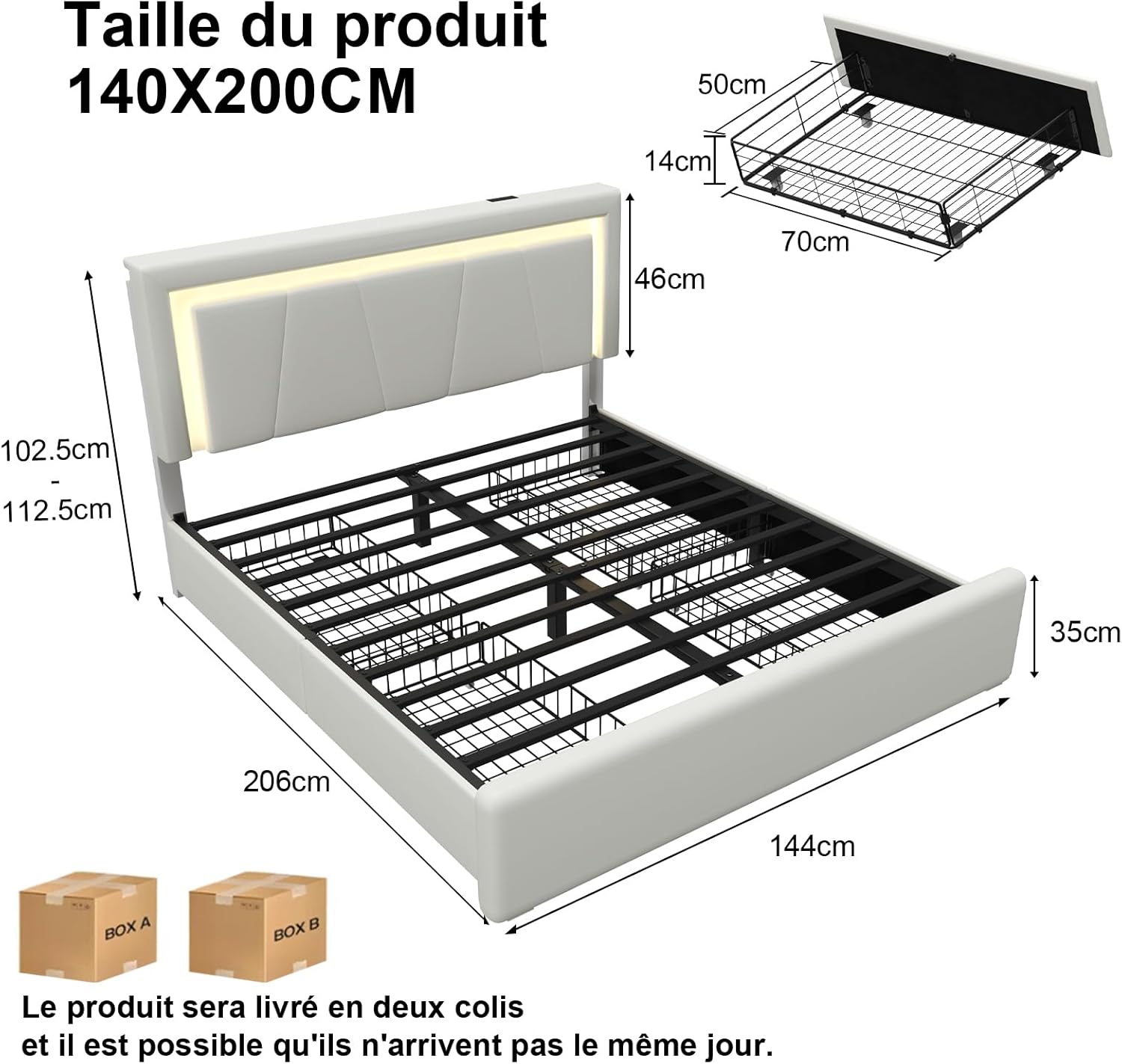 E-Motie Cadre de Lit 140 x 200 avec 4 Tiroirs, Éclairage LED, Cadre de Lit 140x200 CM avec Tête de Lit Réglable, Station de Recharge, Somier Métallique, Montage Simple, Blanc Blanc 140x 200cm