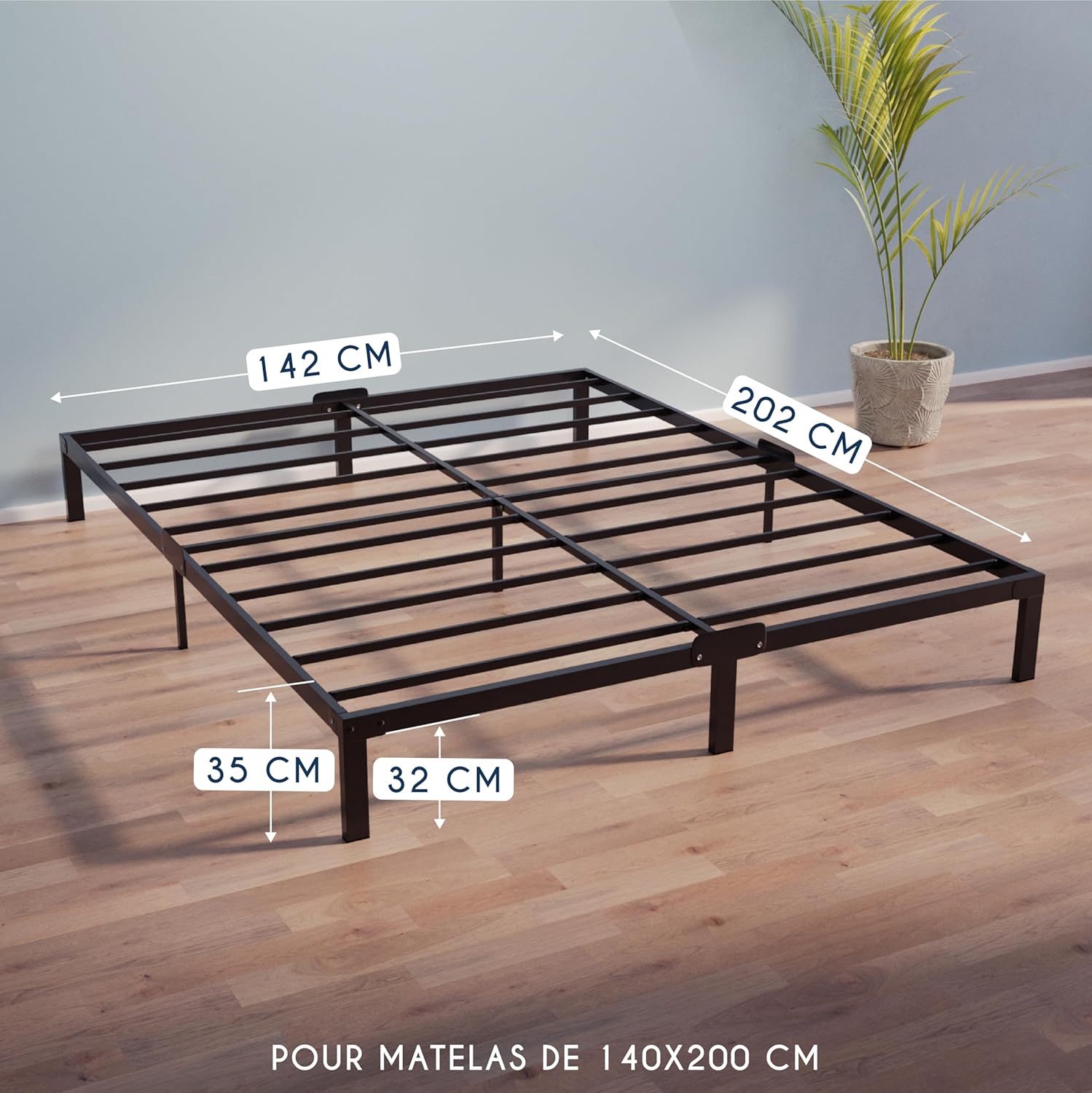 Cadre de Lit 140x200cm avec Sommier - Sommier 140x200 avec Pieds - Hauteur de 35cm - Structure Solide, Assemblage Facile et Espace de Rangement 32cm 140x200cm Hauteur de 35 cm