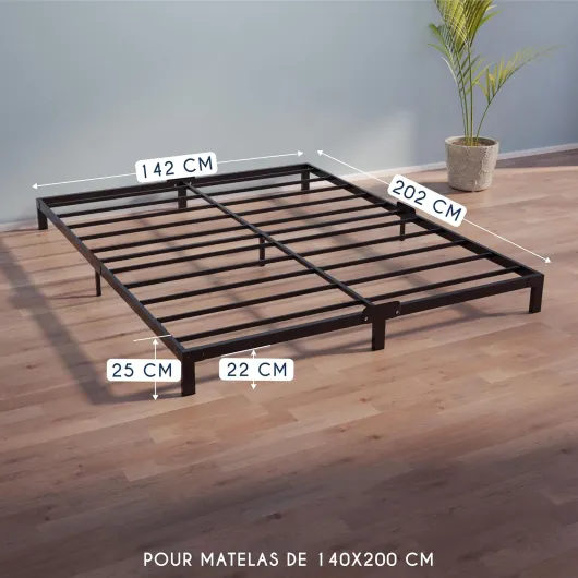 Cadre de Lit 140x200cm avec Sommier - Sommier 140x200 avec Pieds - Hauteur de 25cm - Structure Solide, Assemblage Facile et Espace de Rangement 22cm 140x200cm Hauteur de 25 cm