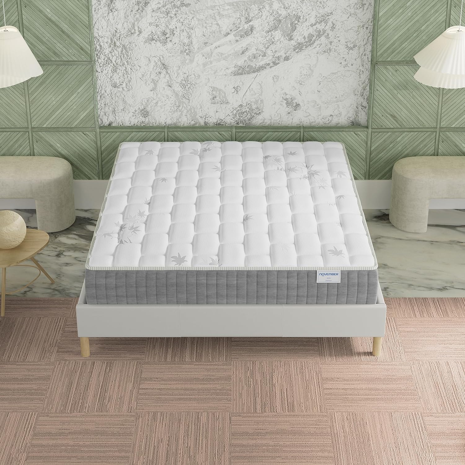 Ensemble Matelas + sommier (120 x 190cm)- Matelas Galice Ressorts ensachés & mémoire de Forme d’épaisseur 25cm + Sommier Bois Stable & Robuste revêtement Tissu Blanc Blanc 120 x 190 cm