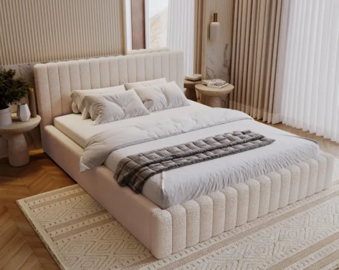Billo Lit Rembourré 200x200cm - avec Sommier à Lattes, Rangements, Coffre à Literie, Tête de Lit - Cadre de Lit, Cadre - Lit Double - Chambre, Chambre d'Adolescent - Boucle Crème 200x200 Crème