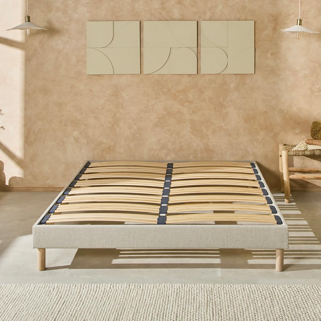 Nuit DE Coton - Sommier à Lattes en Bois avec Pieds Lino 90x200 cm Hauteur 30 cm - Cadre de lit Robuste et Elegant Coloris Beige - Montage Facile 90 x 200 cm Beige