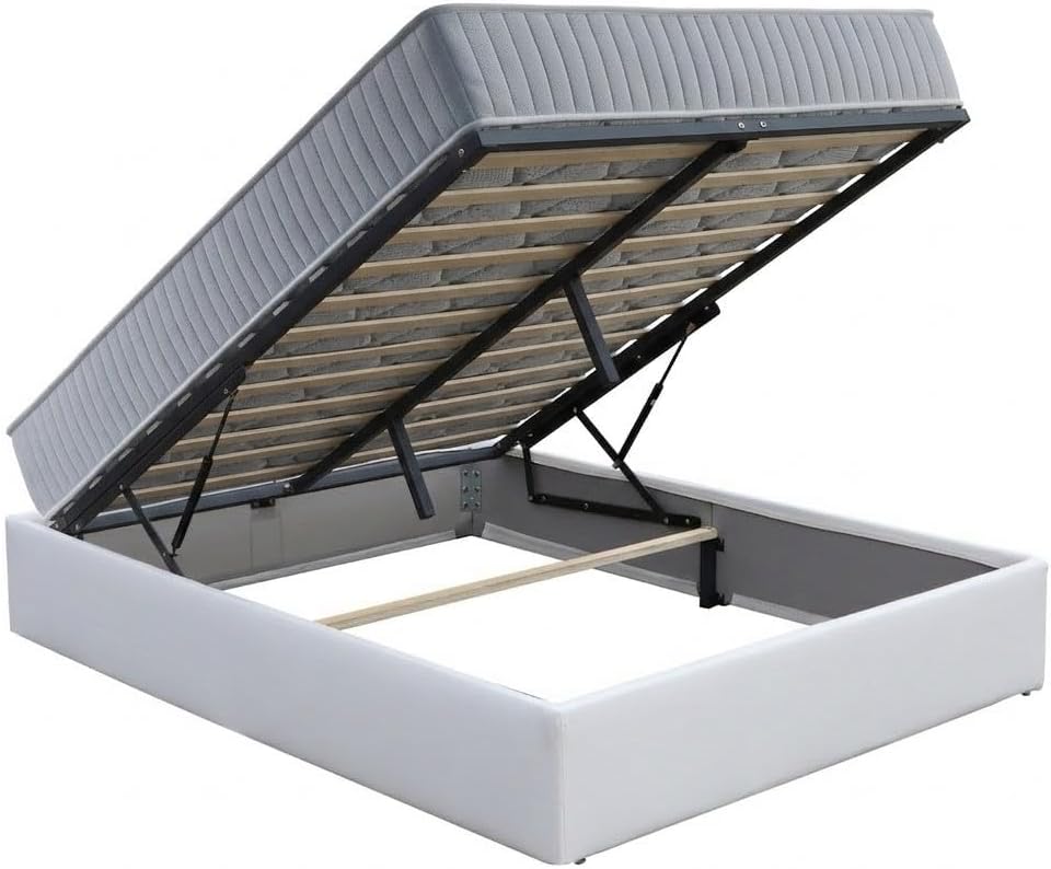 Ensemble Lit Coffre et Matelas 160x200 cm - Couleur : Blanc - Sommier Relevable avec Grand Coffre de Rangement et Vérins Hydrauliques - Matelas Latex Soutien Ferme - Lit Coffre Déhoussable Moderne Blanc 160x200