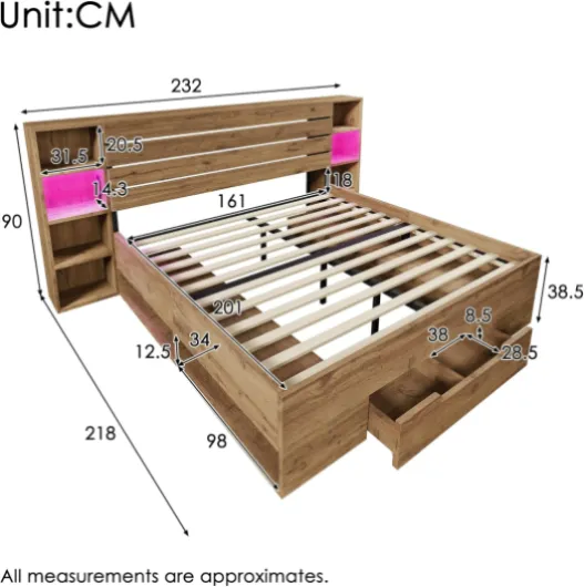 Sapgaks Lit 160×200 avec sommier à Lattes avec LED et Port USB,lit Coffre 160×200 Double rembourré tiroirs,Cadre de lit 2 Personnes avec Rangement,Lit Double en Bois Massif 160x200 Chêne-1