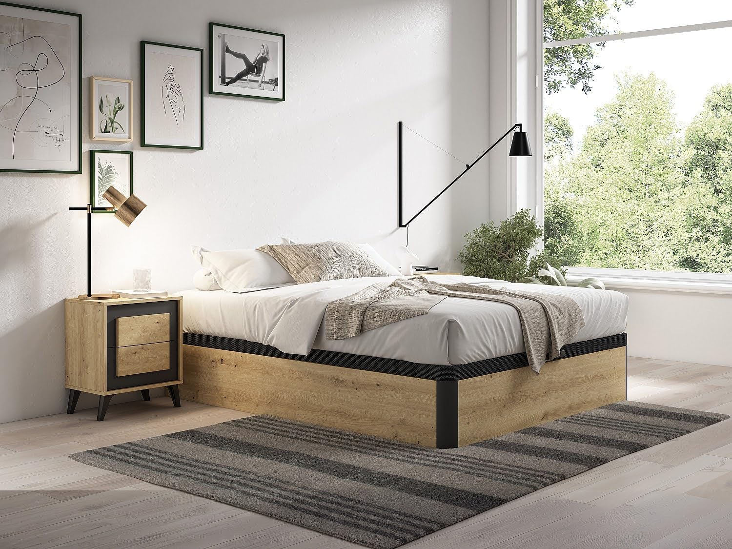 Vente-unique - Sommier Coffre 160 x 200 cm - Naturel Clair et Noir - NAMOSI de YSMÉE