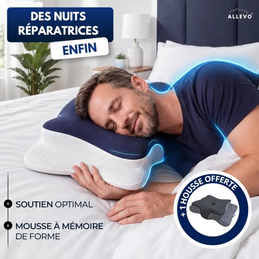 ALLEVO® Oreiller ergonomique cervical & 2 taies d’oreillers & hauteur ajustable- Coussin memoire forme, 60 x 40, Ferme, Pillow Papillon Pour Cervicales, Lit, Anti Cervicales douloureuses, Orthopédique