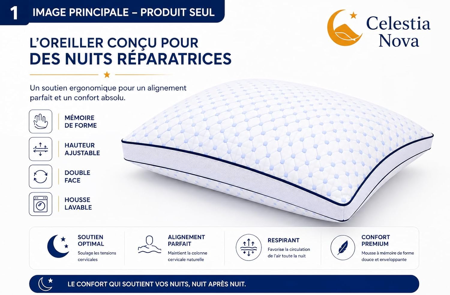 Celestia Nova Oreiller Ergonomique Cervical à Mémoire de Forme – Oreiller Orthopédique Ajustable pour Douleurs Cervicales et Soutien de la Nuque – Double Face Fraîcheur – Housse Lavable – 60x50 cm