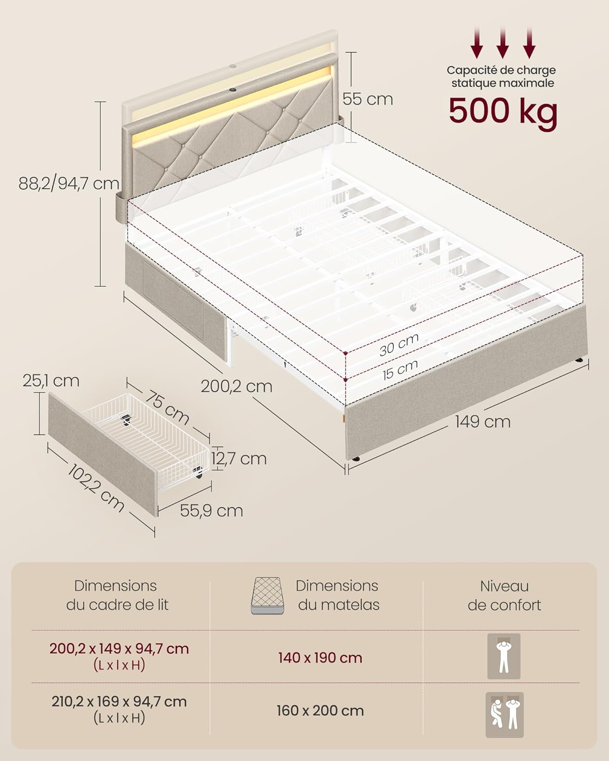 Lit Double, 140 x 190 cm, avec LED, en Métal, 4 Tiroirs, Multiprise, Tête de Lit Rembourrée Ajustable, Pas Besoin de Sommier, Beige Cappuccino RMB826LH01 Beige Cappuccino 140l x 190L cm
