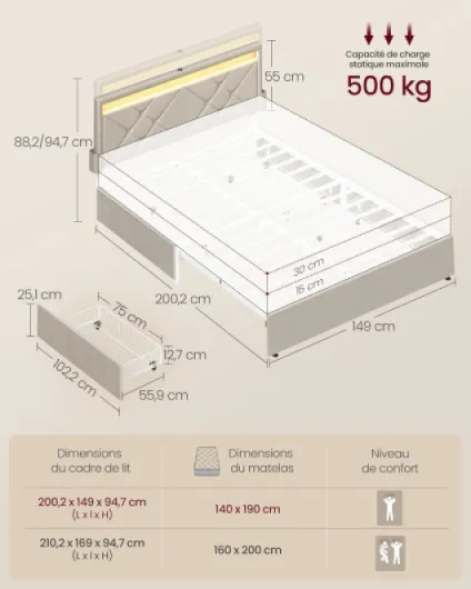 Lit Double, 140 x 190 cm, avec LED, en Métal, 4 Tiroirs, Multiprise, Tête de Lit Rembourrée Ajustable, Pas Besoin de Sommier, Beige Cappuccino RMB826LH01 Beige Cappuccino 140l x 190L cm