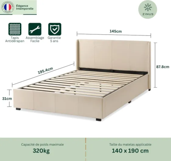Maddon Lit Coffre 140x190 cm - Hauteur 31 cm - Système de Levage Hydraulique - Tête & Cadre de Lit Double en Bois tapissier - Beige Beige 140 x 190 cm