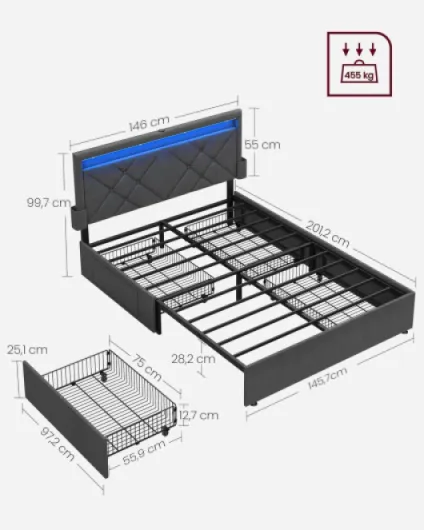 Lit Double, 140 x 190 cm, avec LED, en Métal, 4 Tiroirs, Multiprise, Tête de Lit Rembourrée Ajustable, Pas Besoin de Sommier, Gris Ardoise et Noir Mat RMB826G02 Gris Ardoise + Noir Mat 140l x 190L cm