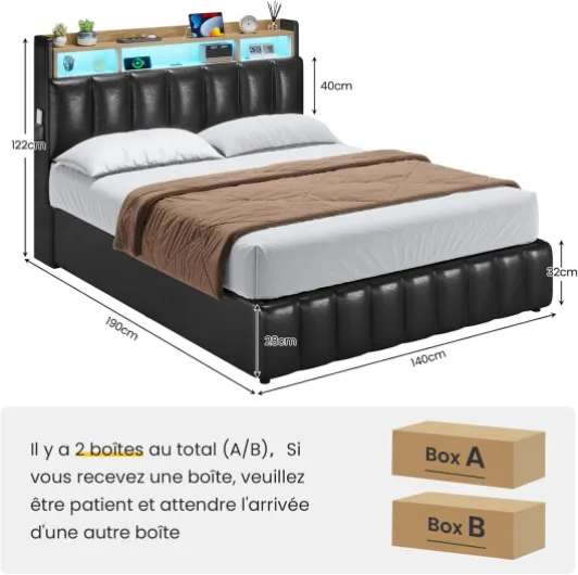 Lit Coffre 140 x 190 à LED, Lit Hydraulique avec Étagères Ouvertes et Rangement Caché en Tête de Lit Capitonné, lit 2 Personnes avec Lattes en Bois, Lits 140 x 190 avec Sommier en PU Noir 140 X 190 Noir