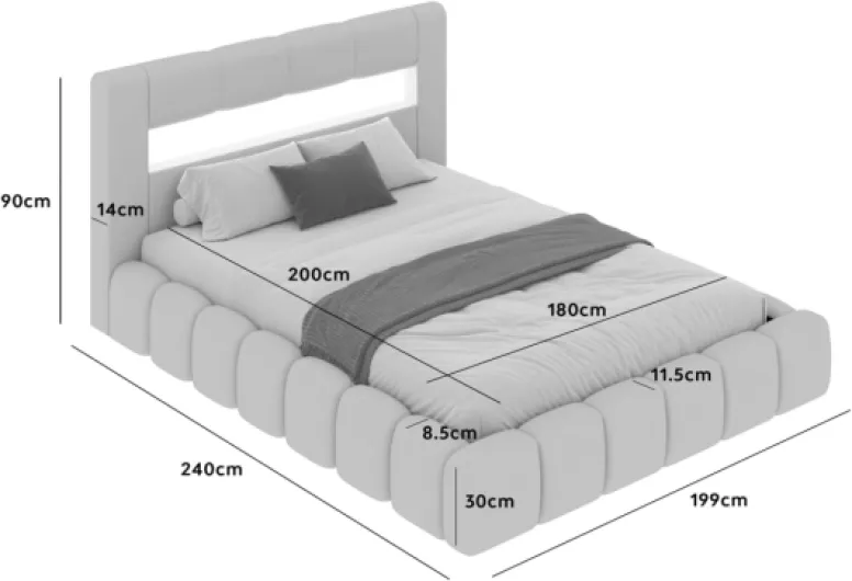 CONCEPT USINE - Lit Coffre 180x200 cm Design Nuage Omaha avec LED - Velours Gris - Tête de Lit Galbée avec 16 Couleurs et Télécommande - Sommier Inclus - Grand Coffre de Rangement - King Size 180x200 cm Gris