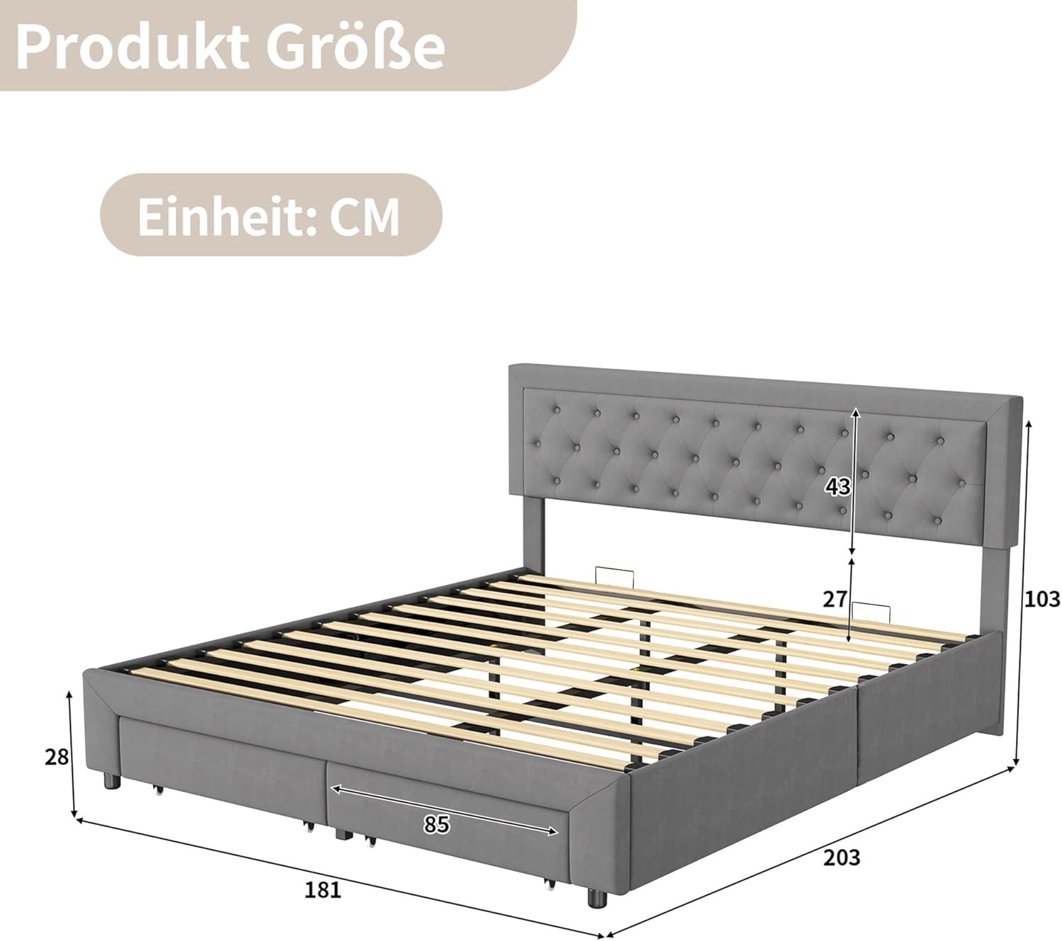 Lit King Size 180 x 200 cm avec rangement hydraulique et 2 tiroirs, lit double sommier, 180 x 200 cm, en velours, design moderne (sans matelas) D Gris 180x200 cm