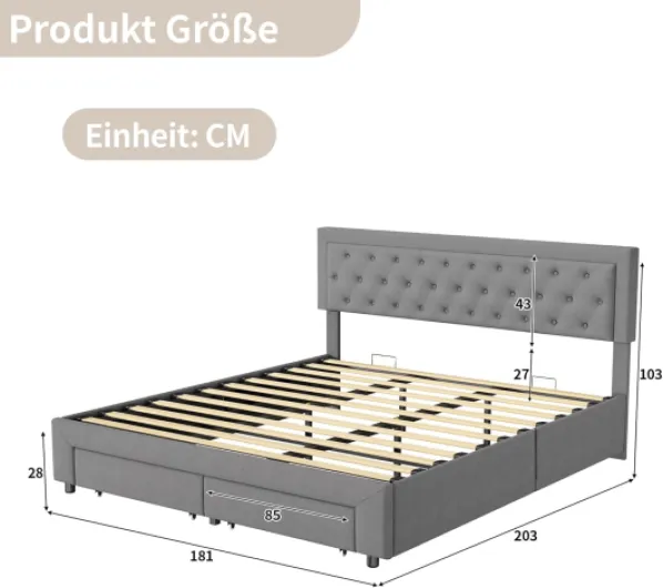 Lit King Size 180 x 200 cm avec rangement hydraulique et 2 tiroirs, lit double sommier, 180 x 200 cm, en velours, design moderne (sans matelas) D Gris 180x200 cm