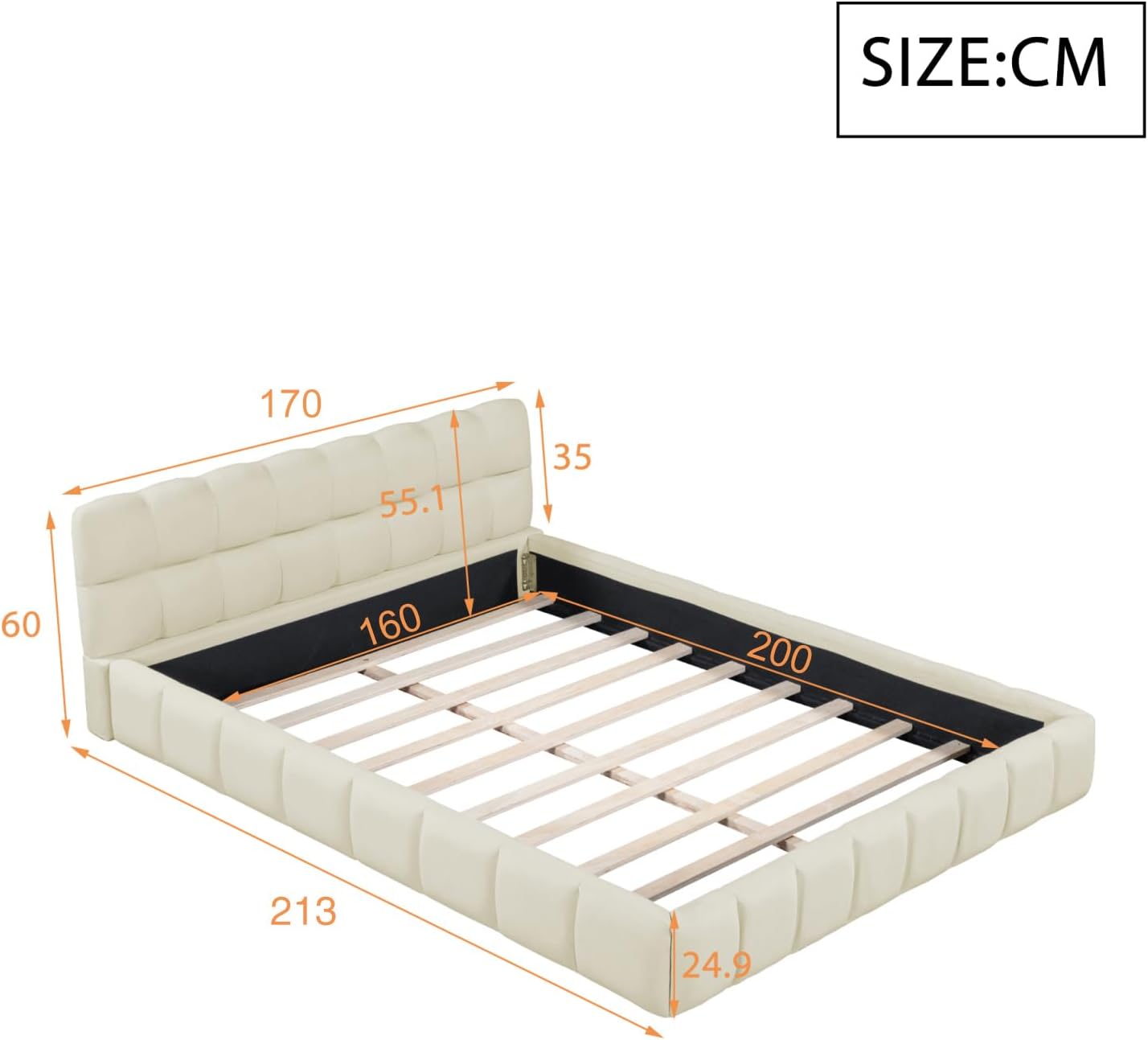 Lit Bulle 160x200 avec sommier à Lattes et tête de lit rembourrée, Cadre de lit Bas, Lit Double capitonné,Lin, sans Matelas (Beige, 160 x 200 cm) Beige 160 x 200 cm
