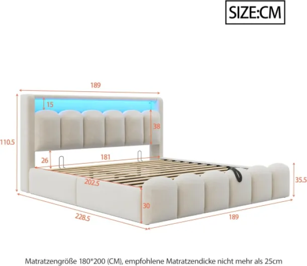 Sapgaks Lit 180x200 avec Sommier LED et USB C, Lit Coffre 180x200 avec Rangement et Tete Réglable, Capitonné Double avec à Lattes, Rembourré 2 Personnes Cadre de Velours(sans Matelas) Beige 180x200