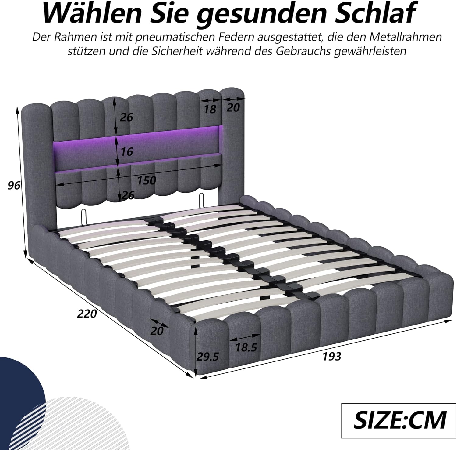 Lit Coffre 180X200 cm, Bubble lit double rembourré avec éclairage LED et Type-C et USB, LIt Capitonné avec Rangement, cadre de lit hydraulique avec sommier à latte, Lin (Gris foncé, 180 x 200 cm) Gris Foncé 180 x 200 cm