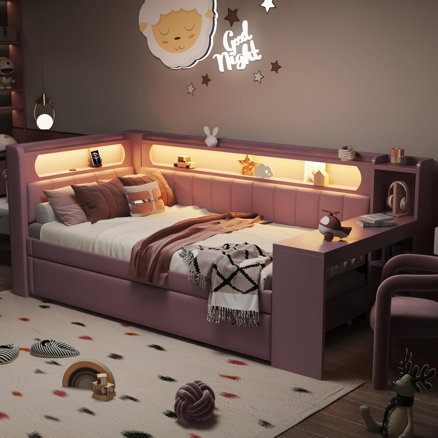 Zepneiy Lit 90x200 avec lit gigogne, Canapé lit avec USB et LED, Lit Banquette 2 Places avec sommier à Lattes et Bureau, Lit Enfant 90x200 Rose (sans Matelas) Rose 90x200
